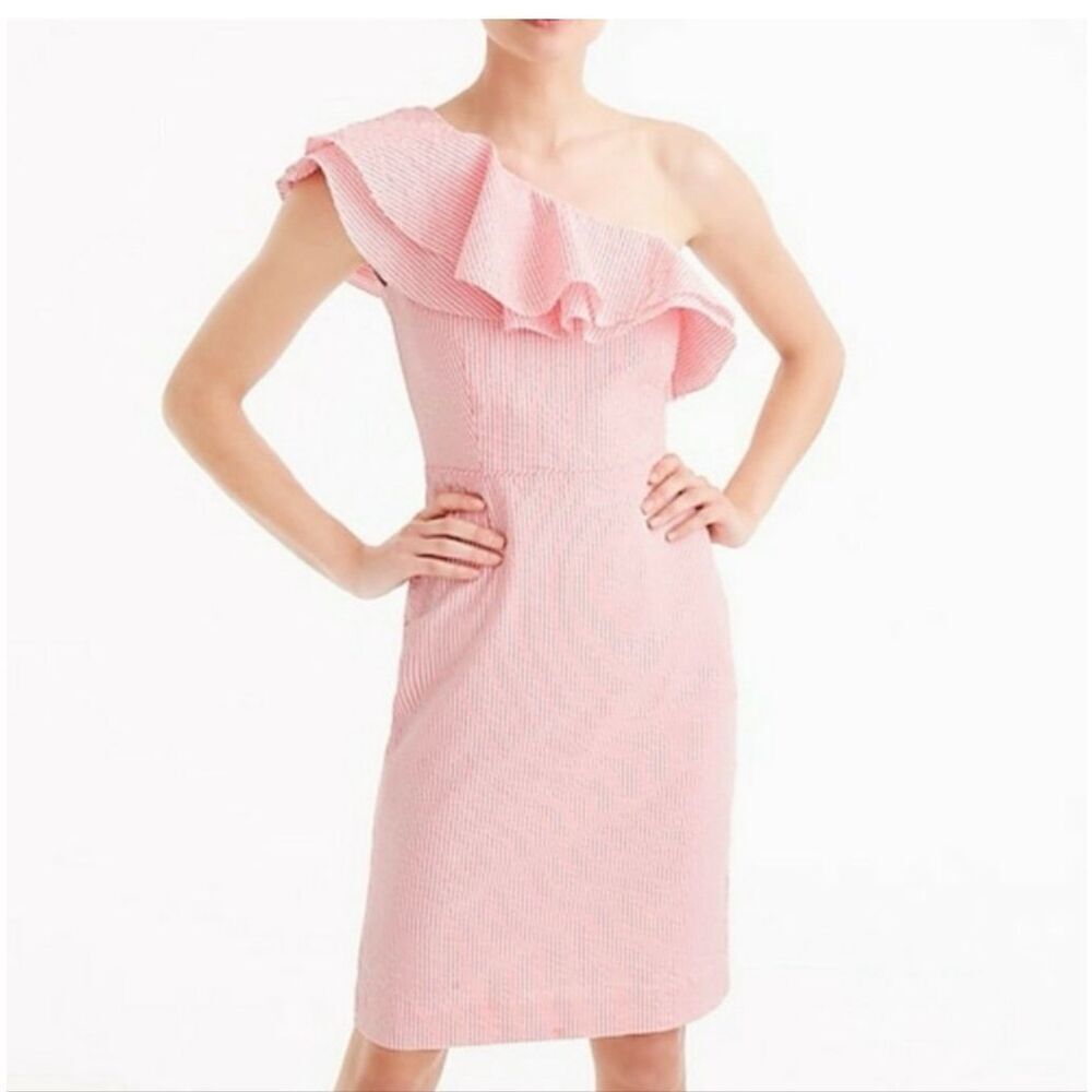 J. Crew one-shoulder ruffle dress seersucker cotton striped size 6
